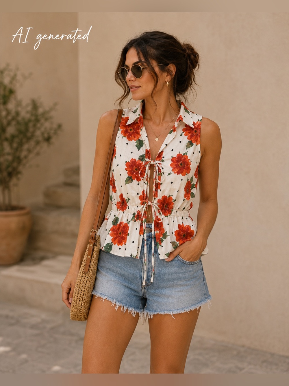 Sleeveless White Floral Tie-Front Peplum Top